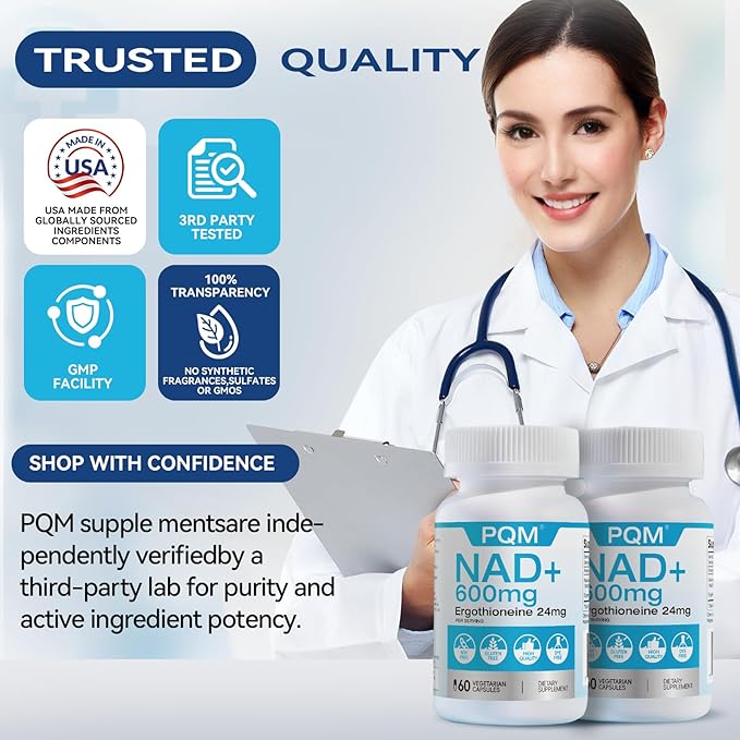 PQM NAD+ 600mg with Ergothioneine 24mg | Supports Cellular Energy Anti Aging &amp Vitality | 99% Pure NAD Supplement | 60 Vegetarian Capsules Third-Party Tested