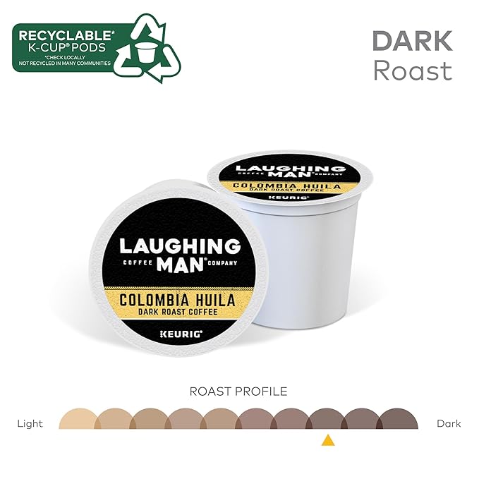 Laughing Man Colombia Huila Coffee Keurig Single Serve K-Cup Pods Dark Roast 88 Count (4 Packs of 22)