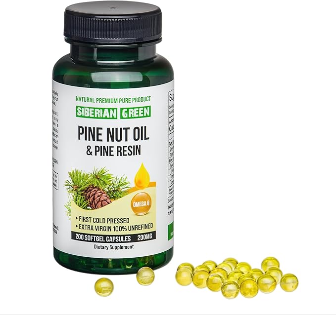 Siberian Green Pine Nut Oil w/Pine Resin Capsules 200 Softgels Wild Harvested Siberia Altai Cold Pressed Unrefined