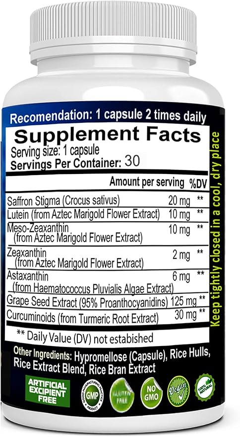 EXIR Eye Vitamin Supplement | Saffron Curcumin Astazanthin - Supports Eye Health Visual Comfort &amp Focus VM20-30 Capsules