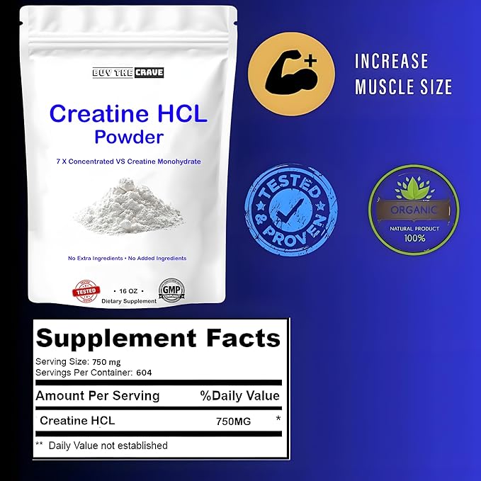 Creatine HCL Powder (16 oz) 1 Ingredient Energy Production Athletic Performance 604 Servings No Bloating Fast Absorption High Solubility Enhanced Strength &amp Endurance (16 oz)