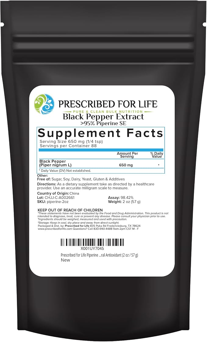 Prescribed For Life Piperine Powder 95% Black Pepper Extract Powder Gluten Free Vegan Non GMO Natural Antioxidant (56g)
