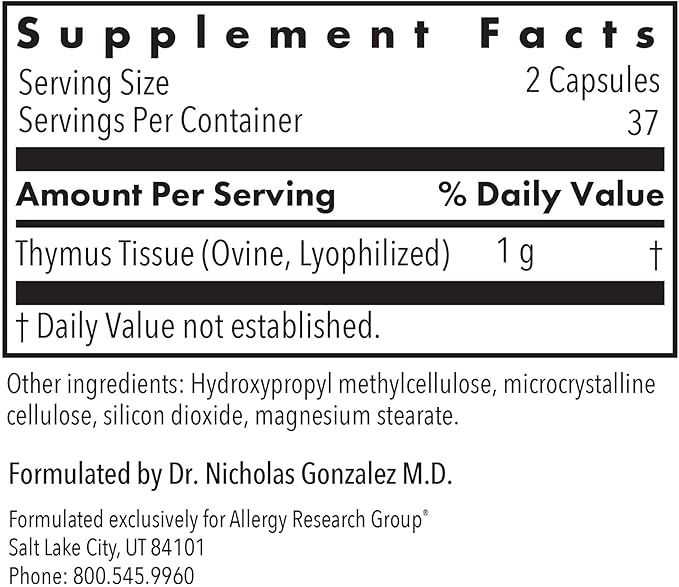 Allergy Research Group Thymus Supplement - Thymus Tissue Glandular Extract 1000mg Raw Thymus Glandular Ovine Lyophilized Hypoallergenic - 75 Count