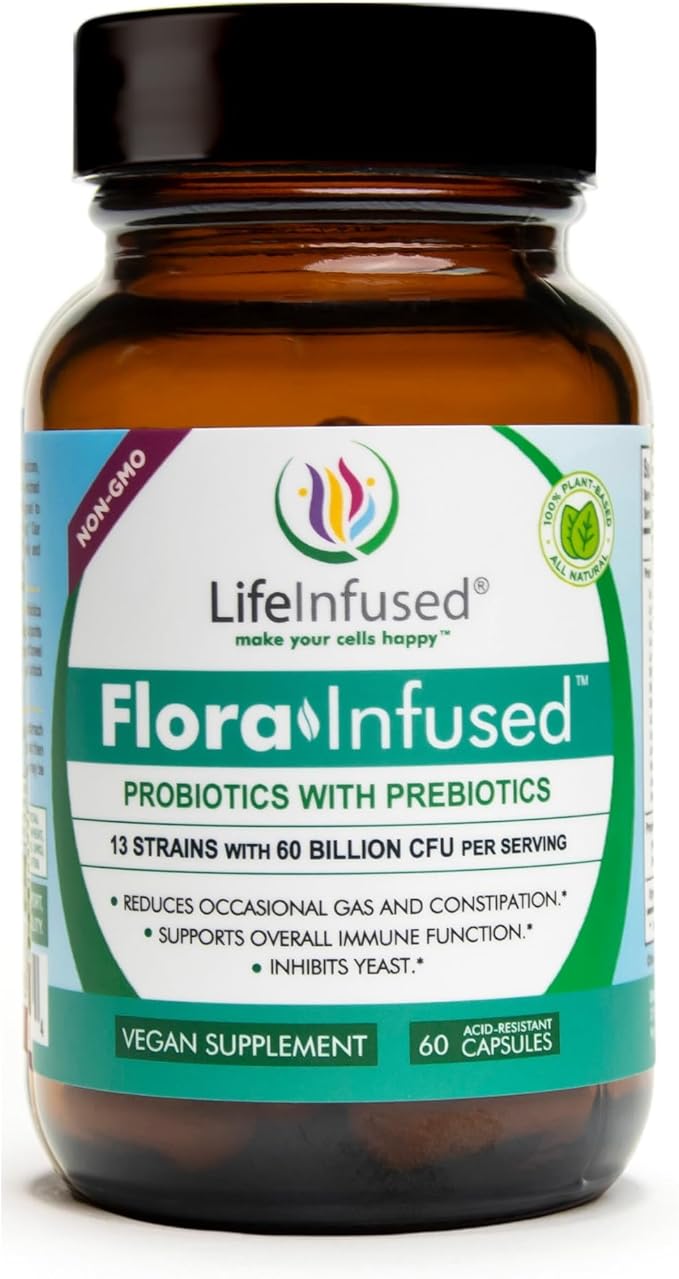 Life Infused Flora Infused Probiotics with Prebiotics – 60 Billion CFU 13 Strains + Enzyme Blend for Digestive &amp Gut Health Support Bloating &amp Regularity Support Shelf Stable Probiotic – 60