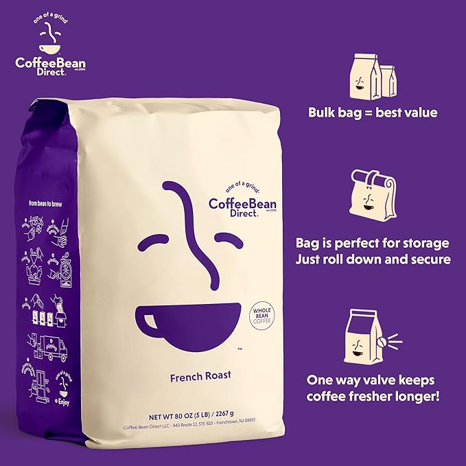 Coffee Bean Direct French Roast Whole Bean Coffee Bold Flavor Dark Roast 5 Pound Bag (Pack of 1)