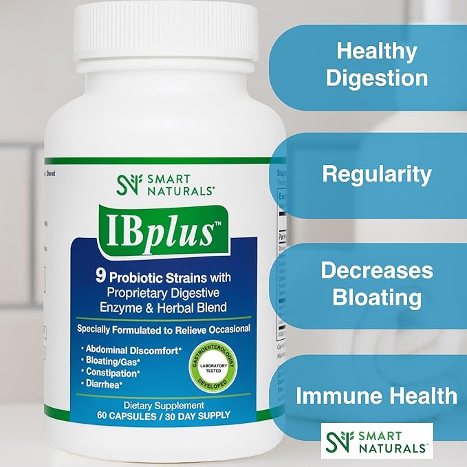IBplus® Probiotic Digestive Enzyme &amp Herbal Blend Improved Formula-60 Capsules!! for Irritable Bowel - Abdominal Pain Constipation Diarrhea Gas/Bloating –Proprietary Formula by Smart Naturals