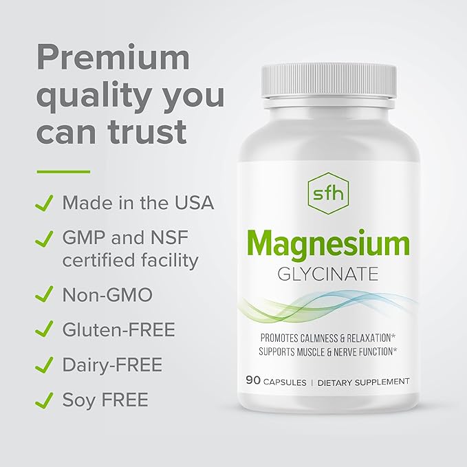 SFH Magnesium Glycinate Capsules 183mg | Chelated Magnesium Bisglycinate Supplement for Sleep Relaxation &amp Muscle Recovery | High Absorption | Gentle on Stomach | 90 Capsules (45-Day Supply)