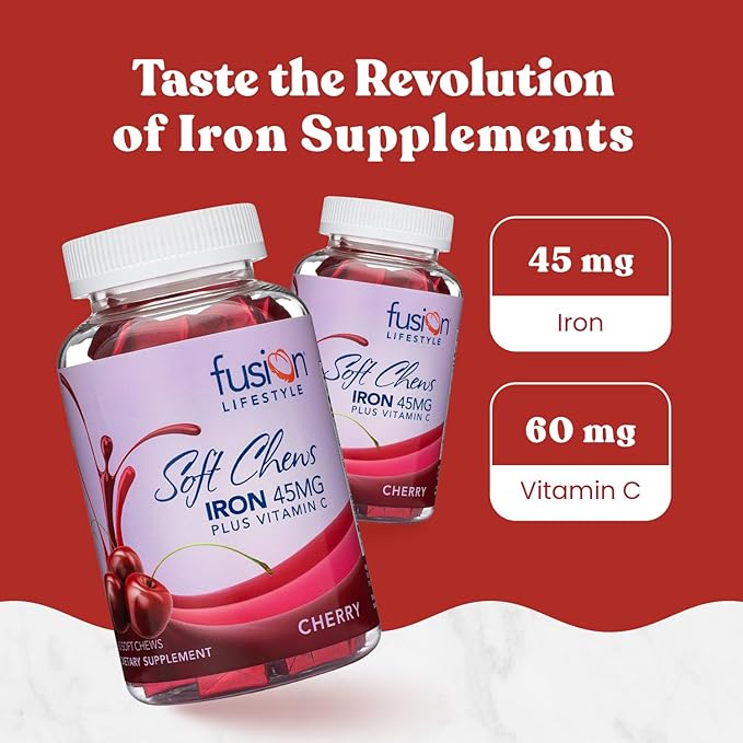 Chewable Iron Supplement for Women &amp Men - Cherry Flavor Iron Vitamin C Soft Chew for Max Absorption Iron as Ferrous Fumarate Ideal for Anemia and Iron Deficiency 2 Month Supply