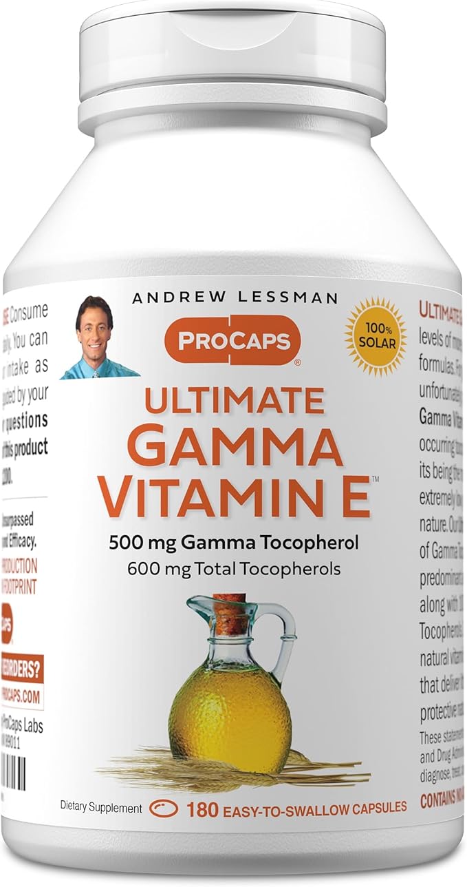 ANDREW LESSMAN Ultimate Gamma Vitamin E 180 Softgels - 500 mg Gamma Tocopherol Protective Vitamin E. Four High Potency Forms of Natural Tocopherols. Powerful Anti-Oxidant. No Synthetic Forms