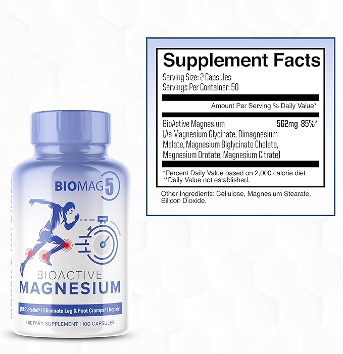 BioMag 5 Magnesium Complex Supplement for Women and Men 100 Capsules - Formulated in USA - BioActive and BioAvailable Magnesium Glycinate Malate Citrate Orotate and Biglycinate Chelate Supplements