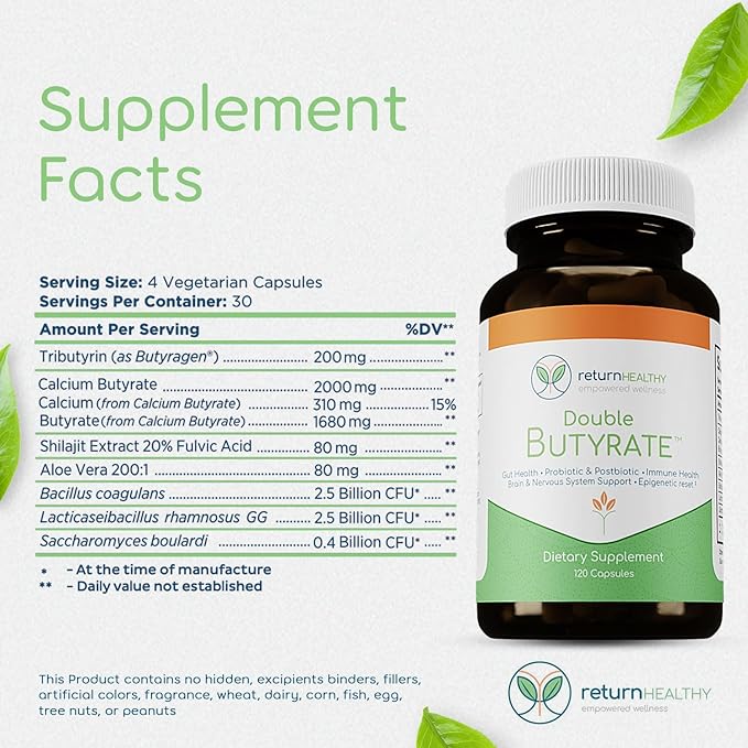 Double Butyrate Gut Health Supplement | Probiotic &amp Postbiotic Digestive Supplements for Gut Support | Enhances Immune Brain &amp Nervous System Function | Odor-Free Formula | 120 caps