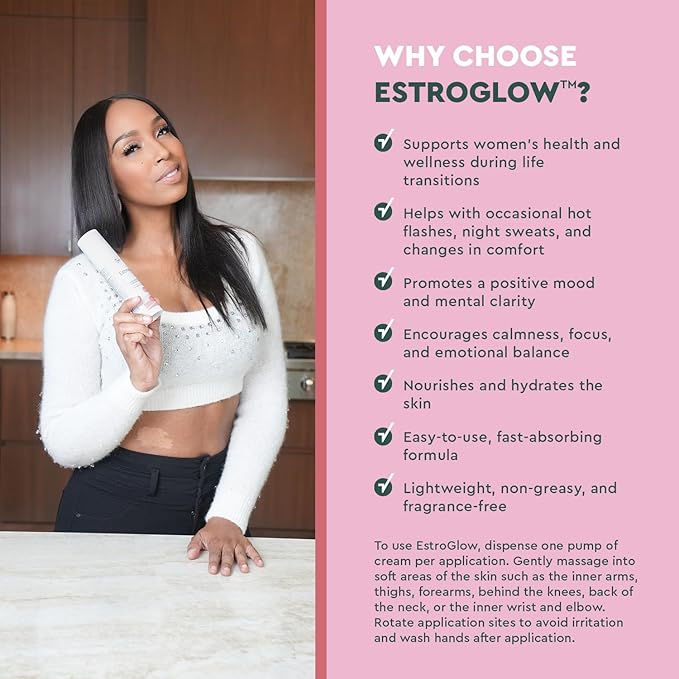 JJ Smith EstroGlow - Bioidentical Estrogen Cream for menopause &amp post-menopause relief. Targets hot flashes night sweats mood and skin hydration while supporting hormone balance - (3oz)