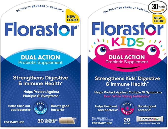 Florastor Family Probiotic Bundle - 30 ct. Probiotic for Digestive + Immune Health &amp 20 ct Kids Daily Probiotic - Unflavored Powder Sticks - Boost Good Bacteria &amp Flush Out The Bad