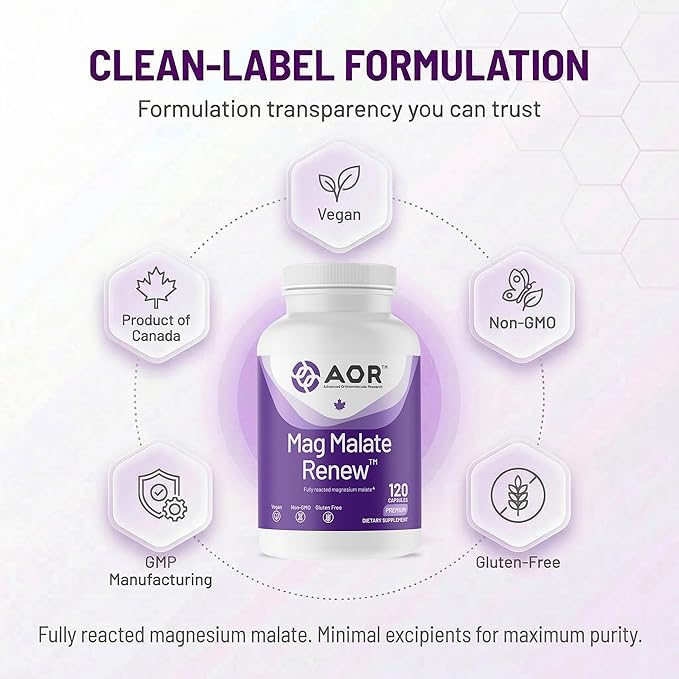 AOR Mag Malate Renew 120 Vegan Capsules 40-120 Day Supply Magnesium Malate with Malic Acid for Daily Wellness Muscle Function &amp Relaxation Support