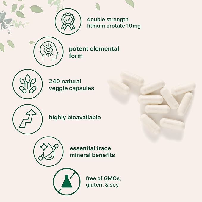 Lithium Orotate 10mg 240 Veggie Capsules | 5mg Per Capsules | High Bioavailability Trace Mineral | Healthy Aging Brain Supplement &amp Mood Support | Non-GMO Gluten Free