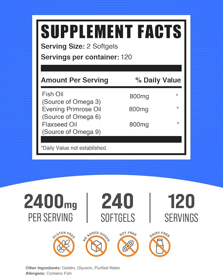 BulkSupplements.com Omega 3-6-9 Softgels - Triple Omega Supplement from Flaxseed Evening Primrose &amp Fish Oil- 2 Softgels per Serving 240 Count (Pack of 1)