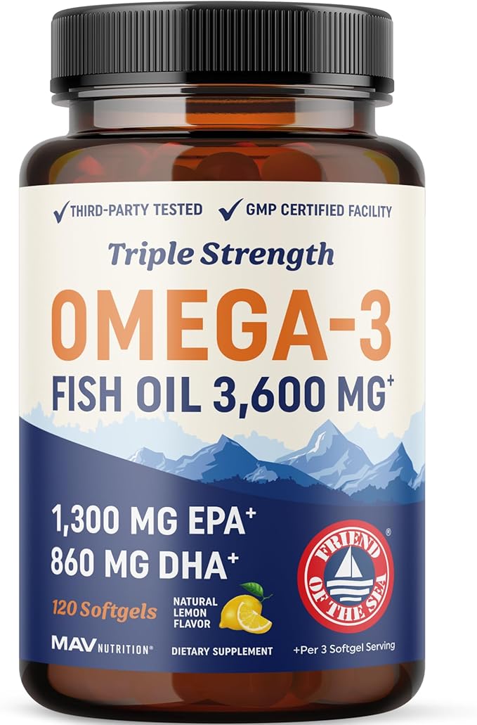 Triple Strength DHA Omega 3 Fish Oil 3600 mg | Over 2100mg Omega-3 Fatty Acids with 860mg of DHA | 1300mg EPA | Best Essential Fatty Acids | Premium Wild Caught &amp Burpless Fish Oil | 120 ct.