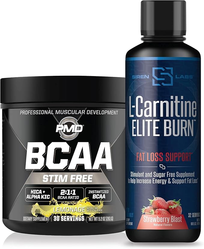 PMD Sports BCAA's Stim Free for Recovery and Performance Lemonade (30 Servings) &amp Siren Labs L-Carnitine Elite Burn Fat Loss Support Strawberry Blast 3000 mg (32 Servings)