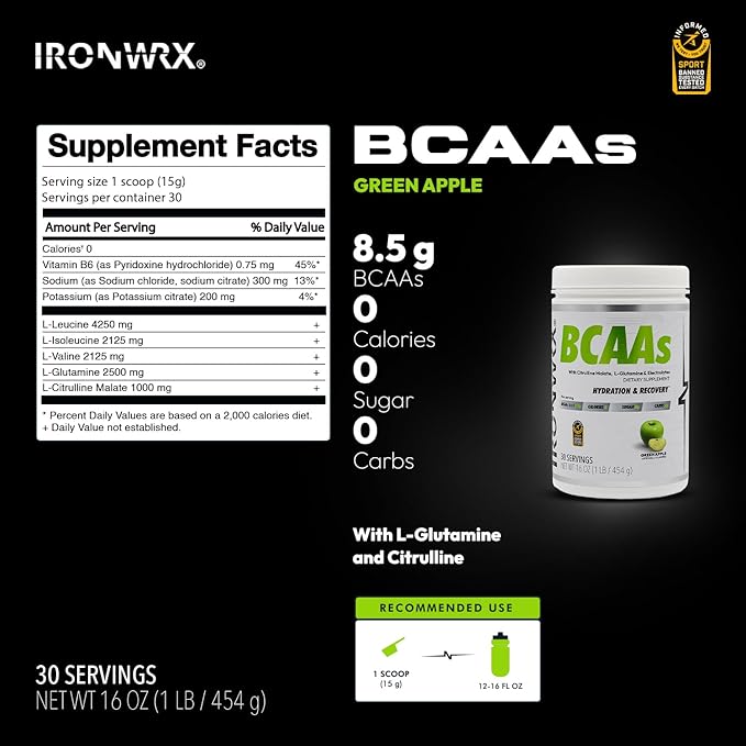 BCAA Powder | 8g Amino Acids per Serving | 2:1:1 Ratio with Citrulline Malate &amp L-Glutamine | Advanced Muscle Recovery &amp Soreness Support | Green Apple 30 Servings | Zero Sugar Keto Friendly
