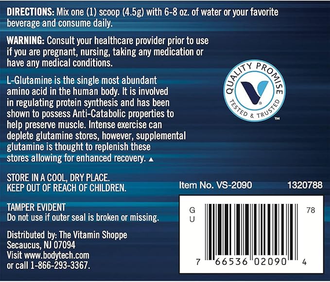 BodyTech Glutamine Powder - Supports Muscle Recovery Immune Health &amp Exercise Performance - Unflavored (11.12 oz 70 Servings)
