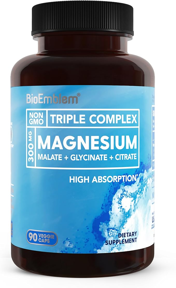 BioEmblem Triple Magnesium Complex | 300mg Magnesium Glycinate Malate &amp Citrate | High Absorption Chelated Formula | Vegan Non-GMO Gluten-Free | 90 Capsules