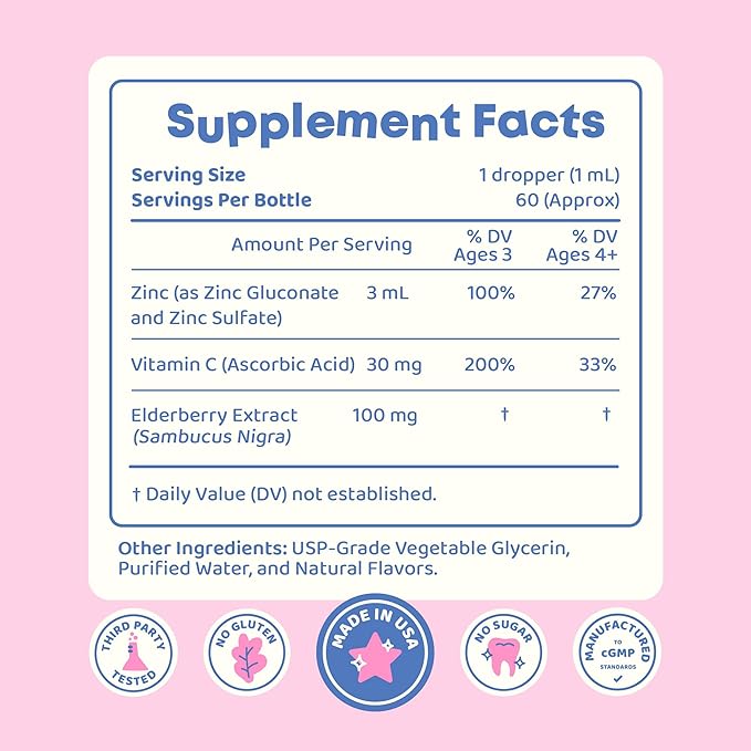 JoySpring ZincBerry - Kids Zinc &amp Vitamin Supplement (2 fl oz) Immune Support Drops with Elderberry Flavor for Kids 3-16+ Years