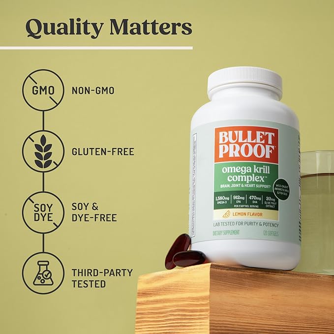 Bulletproof Omega Krill Complex Softgels 120 Count – Lemon Flavor Omega 3 Supplement with Krill &amp Fish Oil 1560mg EPA DHA &amp GLA Supports Brain Heart &amp Joint Health Non-GMO Gluten Fr