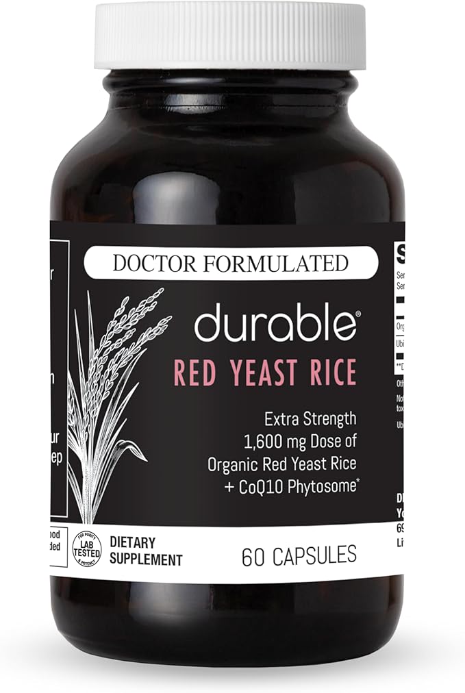 Durable RED Yeast Rice – Organic 1600 mg Extra Strength + CoQ10 Phytosome – Supports Healthy Cholesterol Heart Lipids &amp Circulation – Doctor Formulated Non-GMO Vegan Made in USA (60 Capsules