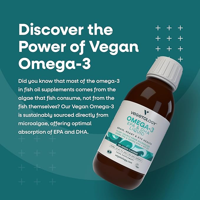 VEGETOLOGY Vegan Omega 3 Liquid from Microalgae 800mg of EPA DHA with Vitamin D3 Supports Heart Brain and Eye Health Natural Fish Oil Alternative UK Made Unflavoured