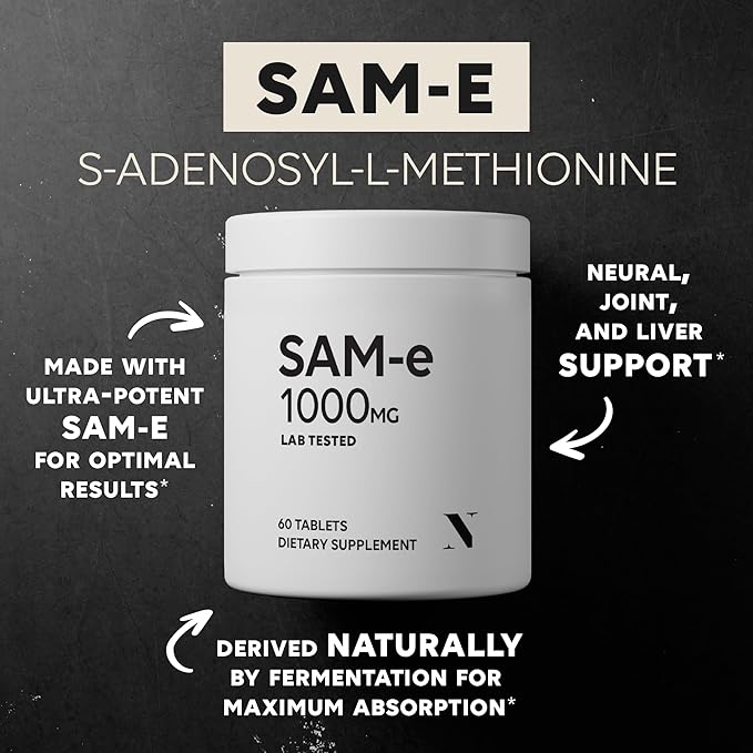 SAM-e 1000mg Per Tablet 60 Servings of Pharmaceutical Grade Non-GMO Soy Free Gluten Free and Enteric Coated Tablets - SAM e Supplement for Brain Joint Liver and Mood Support Supplement