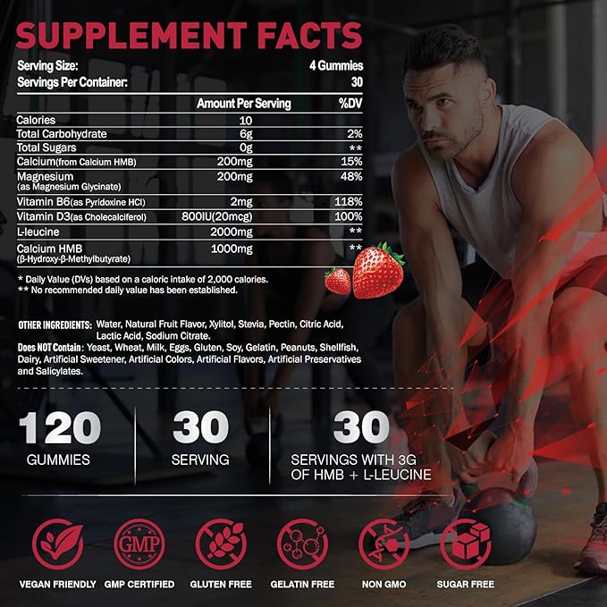 HMB and L-Leucine Gummies Chewable HMB Amino Acid and Leucine Supplement for Men &amp Women Muscle Health &amp Growth Immune Support &amp Overall Health Vegan Strawberry Flavor 120 Count