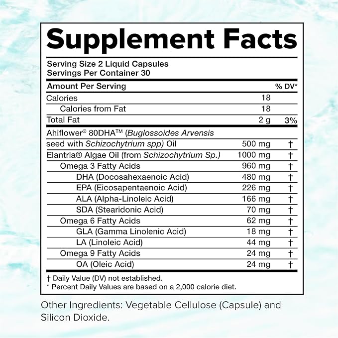 Vegan Omega 3 Supplement- 960mg Omega-3 Fatty Acids DHA EPA SDA ALA Supplement - Immune Support- 30 Servings 60 Liquid Capsules
