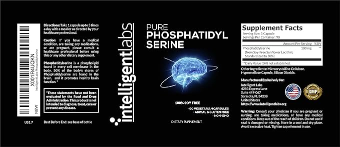 Intelligent Labs Phosphatidylserine Supplement 100mg 90 High Strength Capsules 100% Soy and Allergen-Free Pure Phosphatidylserine from Sunflower Lecithin