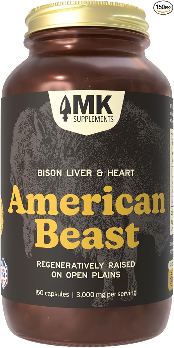 MK Supplements American Beast | Bison Liver &amp Heart Capsules | ~49x More CoQ10 Than Beef Liver | Regeneratively Raised Bison | 150 Capsules