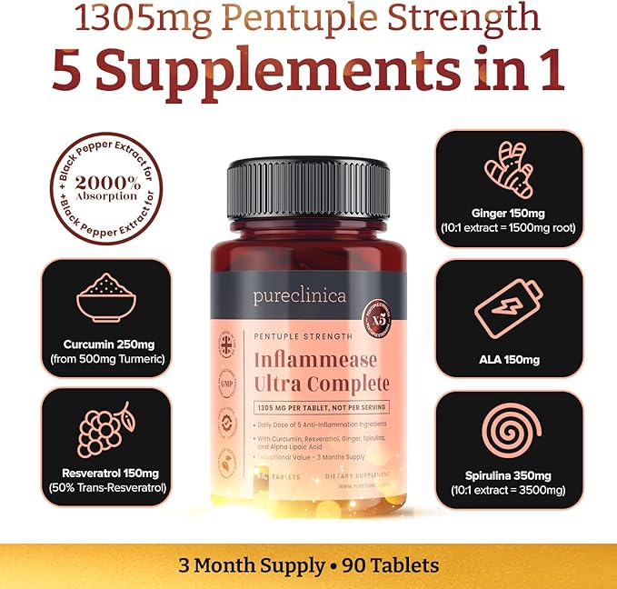 pureclinica INFLAMMEASE Ultra Complete 1305mg x 90 Tablets (Ginger Curcumin Spirulina ALA Resveratrol- 5 Supplements in 1) - 3 Months Supply