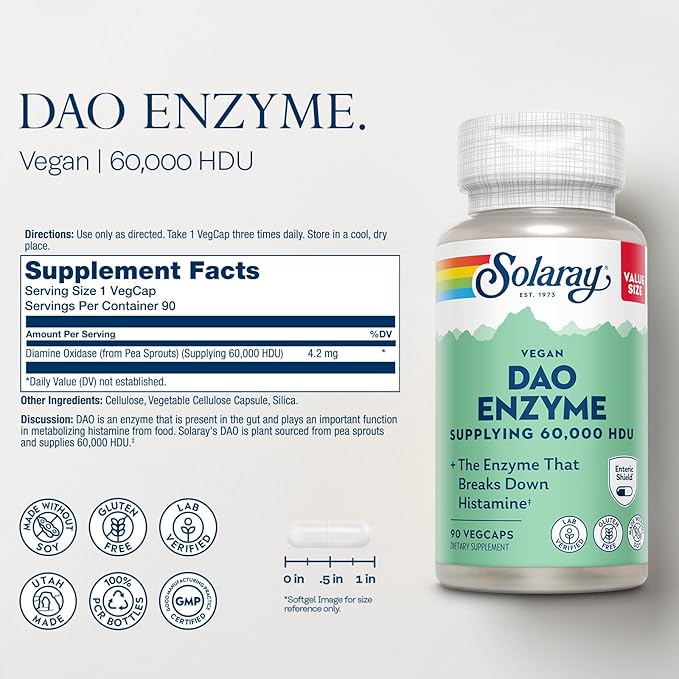 SOLARAY DAO Enzyme - Breaks Down Histamine - 60000 HDU - Vegan Gluten Free Lab Verified - 90 Servings 90 VegCaps