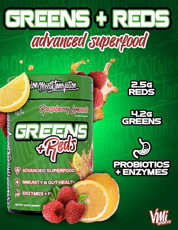 VMI Sports Greens + Reds Advanced Superfood Immunity and Gut Health | Enzymes &amp Probiotics | 30 Servings (Raspberry Lemonade)