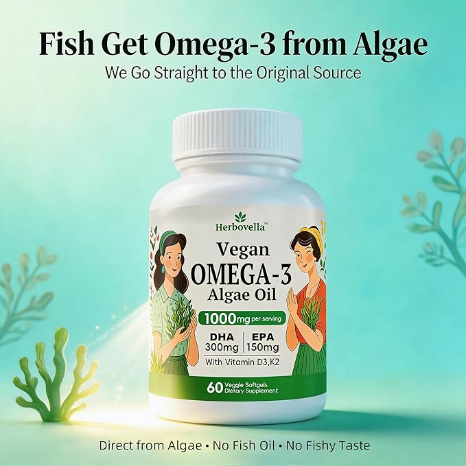 Vegan Omega 3 Softgels from Algae Oil – Fish Oil Alternative DHA 300mg EPA 150mg with Vitamin D3 K2 No Fishy Taste Plant-Based Omega-3 Supplement