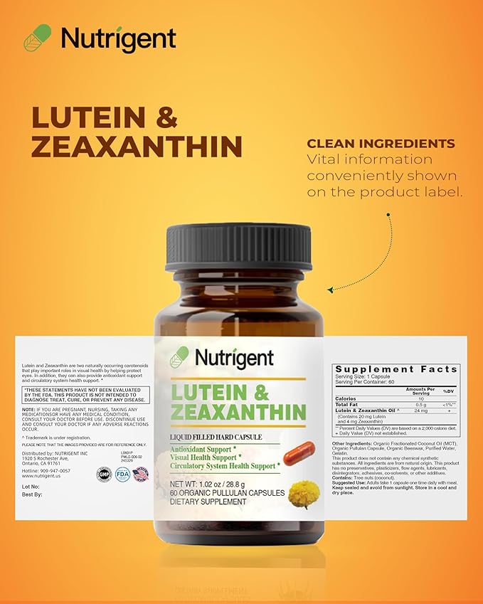 Lutein 20 mg with Zeaxanthin Liquid Filled Organic Capsules Eye Health Supplements Support Vision Health Gluten Free Soy Free (60ct)