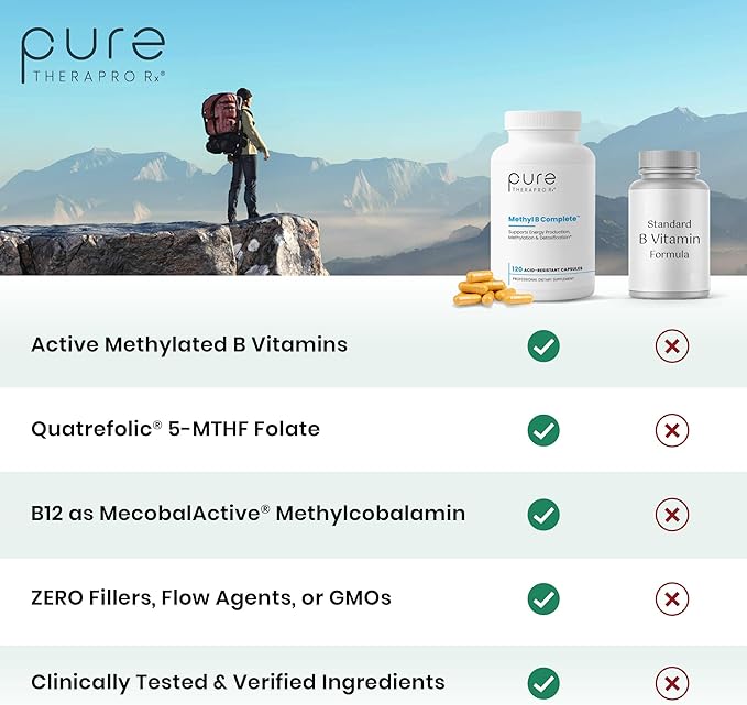 Pure Therapro Rx Methylated B Complex Vitamins Made in USA 4 Month Supply | Methyl B Complete Quatrefolic 5-MTHF Folate B12 Methylcobalamin TMG Trimethylglycine Methylfolate | Pharm Grade