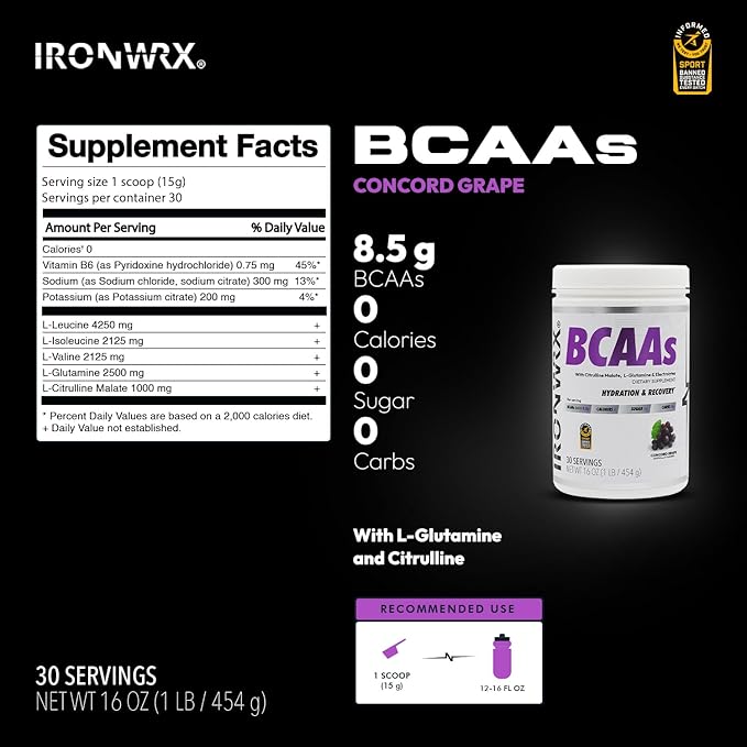 BCAA Powder | 8g Amino Acids per Serving | 2:1:1 Ratio with Citrulline Malate &amp L-Glutamine | Advanced Muscle Recovery &amp Soreness Support | Grape 30 Servings | Zero Sugar Keto Friendly