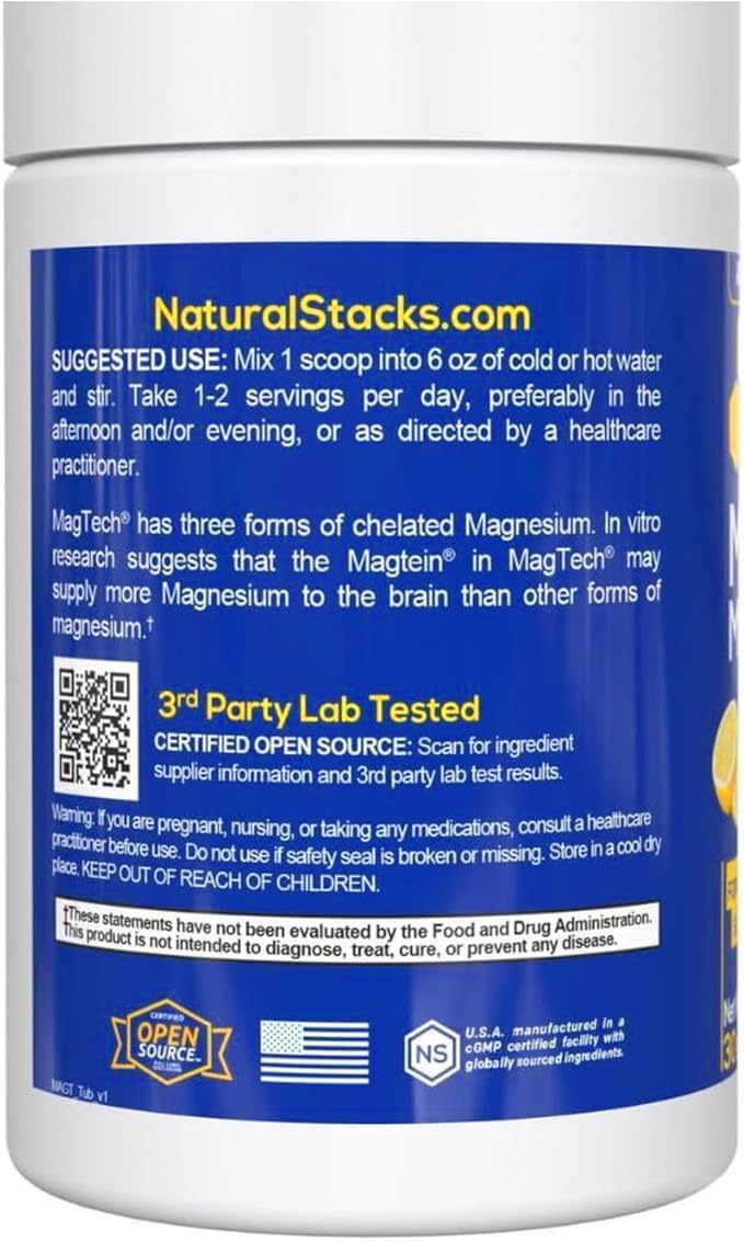 Magtein Magnesium L-Threonate Glycinate &amp Taurate - MagTech Magnesium Powder - Sugar Free Lemonade Drink - 200mg Chelated Triple Complex - Supports Relaxation &amp Brain Health* - 30 Servings