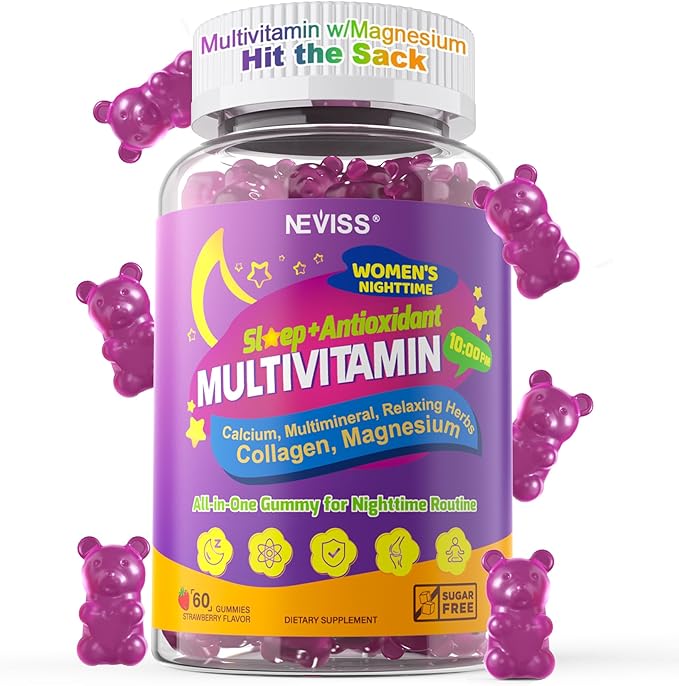 NEVISS Multivitamin for Women Gummies with Magnesium Glycinate 400mg Calcium D3 K2 Collagen Gummy for Nighttime Renewal/Sleep Antioxidant Relax Bone Womens 18 30 40 50 60 70+ PM Daily Vitamins