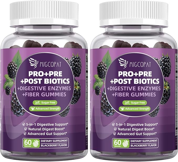 Pre Post Probiotics Gummies 5 in 1 Probiotic Prebiotic Postbiotic Digestive Enzymes with Fiber 120 Billion CFU Probiotics for Gut Health Sugar Free Vegan BlackBerry Flavor 120 Cts