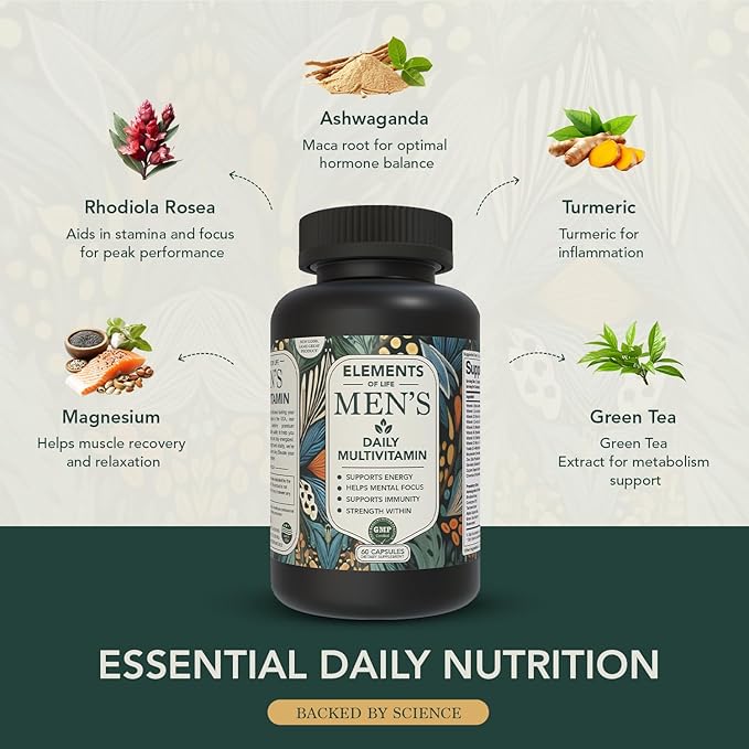 Elements of Life Men’s Multivitamin - High Performance Daily Multi: Methylated Folate &amp B12 - Ashwagandha &amp Rhodiola for Stress &amp Energy - CoQ10 Resveratrol &amp Zinc: Heart &amp Immune