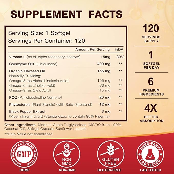 DRFOSTER CoQ10 400mg Softgels - High Absorption Coenzyme Q10 with PQQ Omega 3-6-9 Plant Sterols &amp Vitamin E MCT &amp Black Pepper - Heart Brain &amp Energy Support - Gluten-Free 120 Days Su
