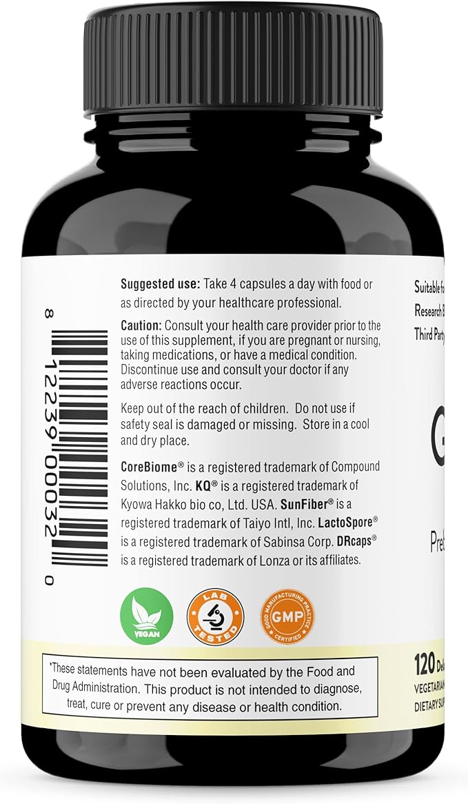 Sandhu's Gut Health - Prebiotic Probiotic Postbiotic &amp L-Glutamine | Digestive Health Colon Probiotic Total Supplements | 120 Delayed Release Capsules