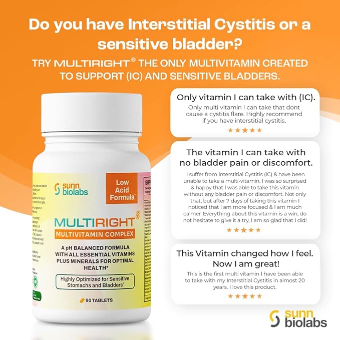 MULTIRIGHT | Low Acid MULTIVITAMIN | Bladder-Friendly | 14 Vitamins &amp 14 Minerals | pH Balanced | Easy on Digestion-Less Acidic | Buffered Vitamin C | 90 Tablets