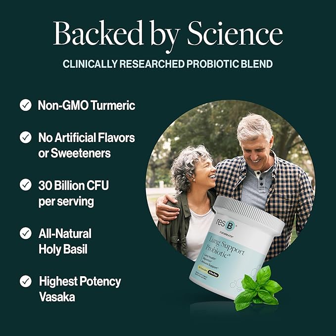 resB Lung Support Probiotic Supplement - Lung Health Supplement for Smokers Gut Health Immune Support Respiratory Care Holy Basil Turmeric Clinically Trialed - 180 Capsules (3 Bottles)