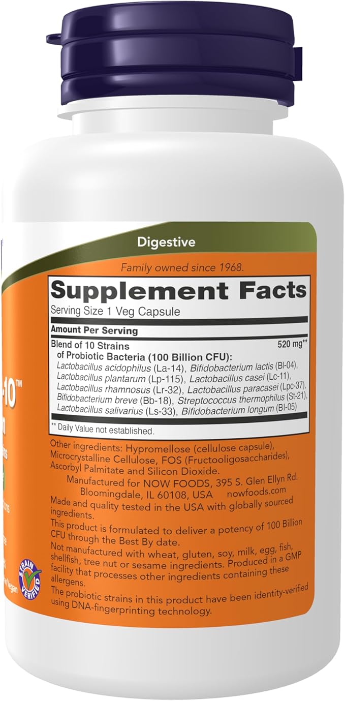 NOW Foods Supplements Probiotic-10™ 100 Billion with 10 Probiotic StrainsDairy Soy and Gluten Free Strain Verified 60 Veg Capsules